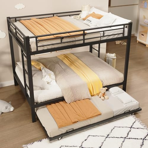 Moimhear 140x200cm, Etagenbett, Eisenrahmenbett, Kinderbett, ausgestattet mit Ausziehbett (90x190cm), hohe Geländer, ohne Matratze (Schwarz)