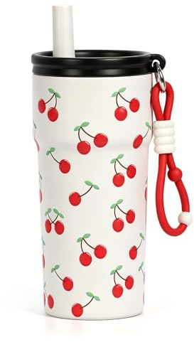 pluseight Stainless Steel Tumbler with Straw, 500ml/17oz Tumbler for Hot and Cold, Travel Portable Coffee Mug for Hot and Cold, Fit in Car Cup Holder (Cherry)