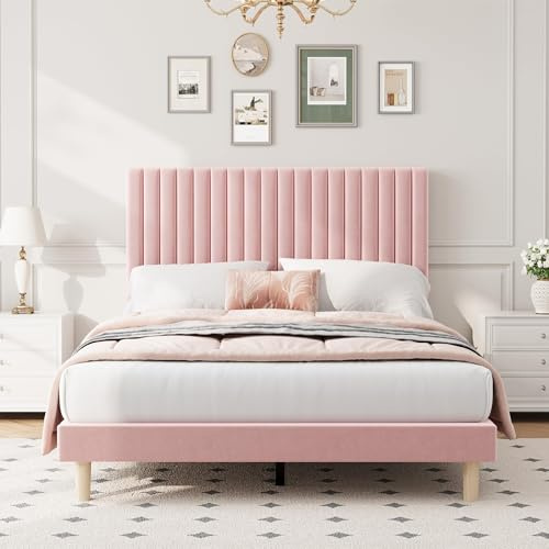 Garvee Double Bed Frame with Upholstered & 3 - Level Adjustable Headboard, Premium Velvet Fabric, Strong Metal & MDF Structure, Easy Assembly, No Mattress, Pink, 104×193×142cm