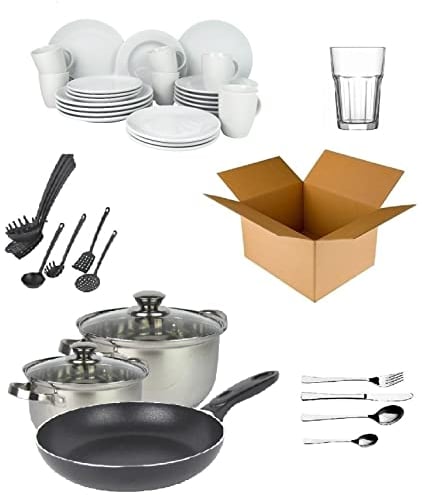 'BUDGET Kit de démarrage 6 personnes – résidentiel Starter Paquet de configuration – Paquet de configuration – (Cuisine, Couverts, Vaisselle)