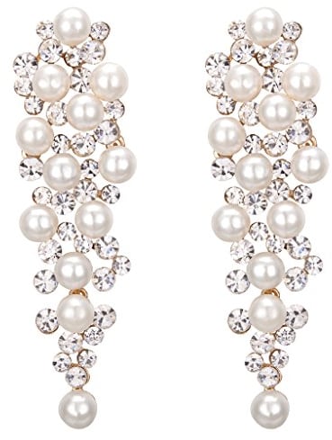 Clearine Damen Ohrringe Hochzeit Braut Kristall Ivory farbe Künstliche Perlen Viel Beaded Cluster Chandelier Dangle Ohrringe Ohrschmuck Klar Gold-Ton