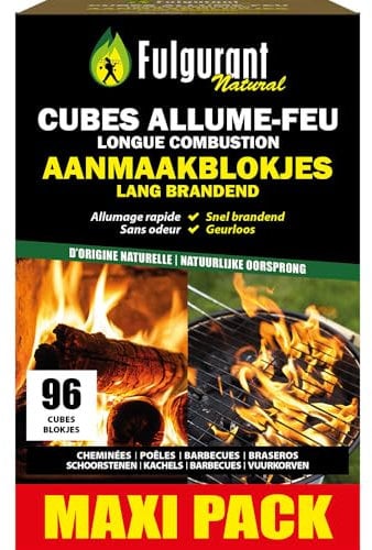 Fulgurant - Cubes Allume-Feu, d'origine naturelle, longue combustion, sans odeur, tous types de feu et BBQ, 96 pièces