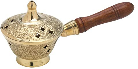 RÄUCHERPFÄNNCHEN aus Messing in Gold [Länge 17 cm] mit MOND & Sterne Motiv Hochwertige MAMEMI Markenqualität