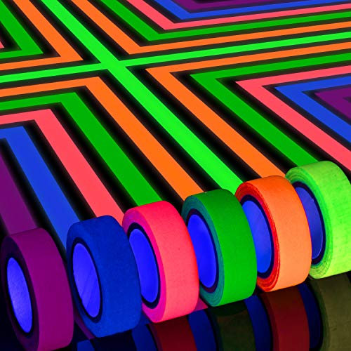 Whaline Lot de 12 rubans adhésifs fluorescents en tissu pour fête UV, lumière noire, 1,5 cm x 5 m (6 couleurs)