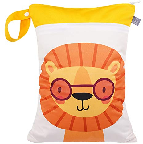 Happy Cherry Windelbeutel Wasserdicht Wetbag Nasstasche für Stoffwindeln Reißverschluss Nass und Trocken Windel Beutel Unterwegs Kindergarten Gelb Löwe