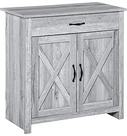 HOMCOM Buffet 2 Portes tiroir Style Rural Chic Placard avec étagère poignées métal Noir MDF Panneaux Particules Aspect Bois Gris Clair