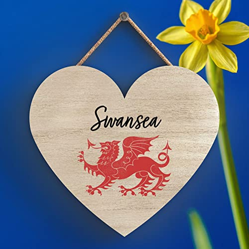 Global Designs Swansea Welsh Dragon Location Wooden Heart Hanging Plaque