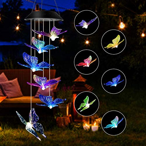 Papillon Carillon éolien à énergie Solaire avec Papillon colorés Qui changent de Couleur - Lampe de Jardin étanche - Papillon colorés - Décoration de Jardin pour Jardin, Cour, Patio, fenêtre, Arbre