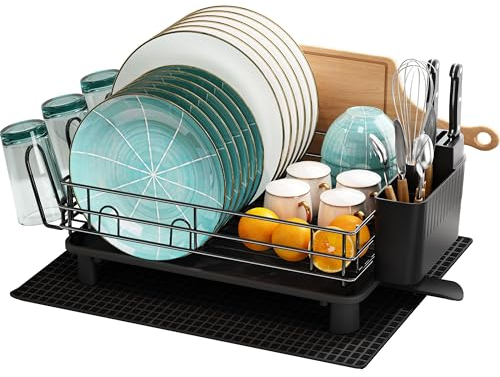 MAJALiS - Escurridor de Platos de Gran Capacidad para Encimera de Cocina, Escurreplatos de Acero Inoxidable con Soporte para Utensilios y Tapete para Secar, Color Negro
