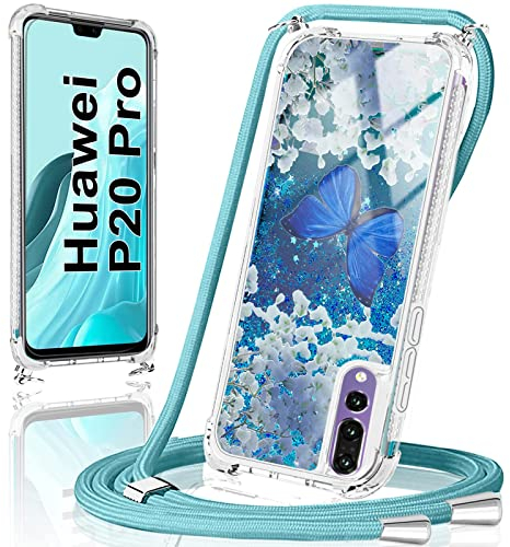 Kaply Handykette für Huawei P20 Pro Hülle mit Band,Handyhülle Huawei P20 Pro mit Kette Glitzer Case Treibsand Necklace Silikon Stoßfest Flüssig Schutzhülle