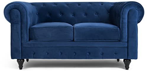 Bravich Velvet Chesterfield Sofa- Blue. 2 Seater Settee, Soft Plush Fabric Couch. Living Room Furniture, Easy Clean. 2 Seater- 160cm x 90cm x 78cm