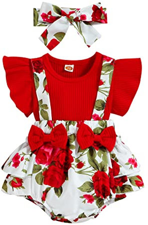 Pagliaccetto Floreale Neonata 0-18 Mesi Tutina Manica Corta a Volant Principessa Tuta Bowknot Stampa Floreale Bimba Body 2 Pezzi con Fascia Estivo (Rosso, 0-3 Months)