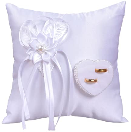 Hochzeit Ringkissen, Ehering Kissen Weiß Brautkissen mit Band Perle Ringschachtel Ringhalter Kissen Heirat Paar Ring Halter Hochzeit Ring Box Ringträger Halter Hochzeit Zubehör für Eheringe