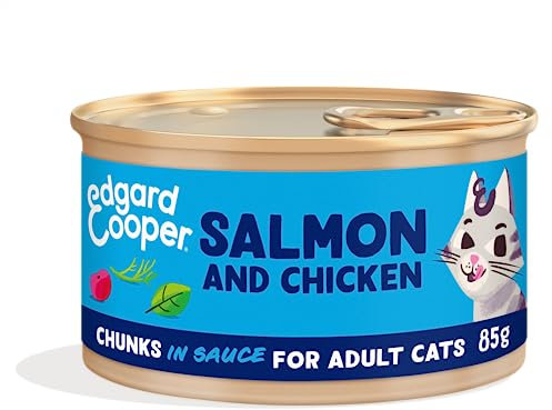 Edgard & Cooper Katzenfutter Nass Getreidefrei Katze Adult Erwachsene Sterilisierte oder Aktive Nassfutter Natürliche Stückchen in Soße 85g x 18 Lachs & Huhn, Schmackhafte und Ausgewogene