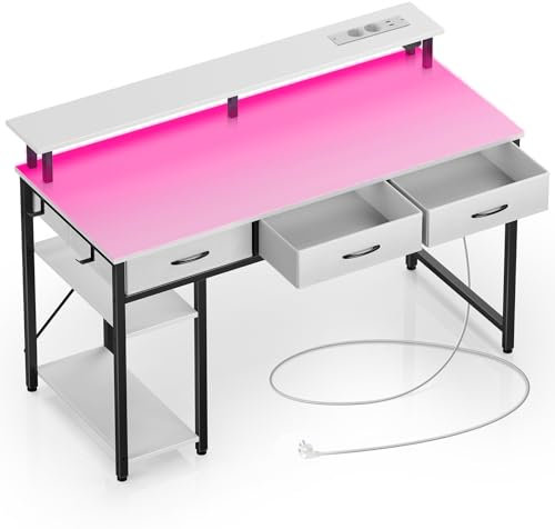 Rolanstar Schreibtisch mit Schubladen, Computertisch mit Steckdosen & LED, Gaming Tisch mit Monitorständer, Regal & 2 Haken, Gaming Schreibtisch für Büro, Wohnzimmer(Weiß, 137x47x90,5cm)