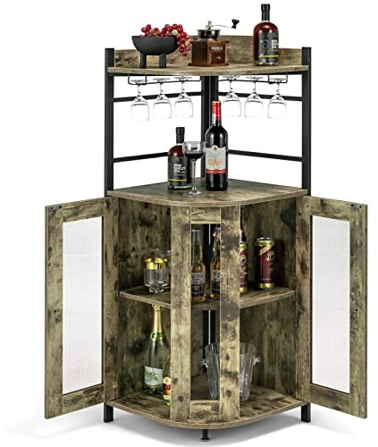 GiantexUK Corner Bar Cabinet, Industrial Wine Cabinet with Glass Holders, Adjustable Shelf & Mesh Doors, Anti-Slip Storage Display Rack for Kitchen Dining Living Room(Oak Grey)