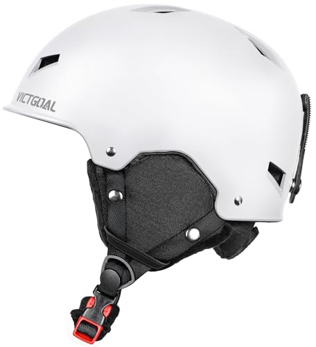 Victgoal Casco de Esquí para Hombre Mujere, Casco de Snowboard Ajustable de Seguridad Talla M/L con Buena Ventilación y Orejeras Calientes para Esquí Deportes de Invierno (M: 55-58cm, Blanco)