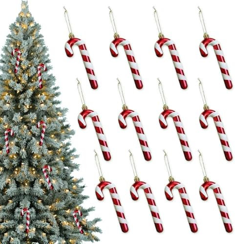 Riisoyu 12 pezzi Bastoncini di Zucchero, 14 cm Plastica Candy Cane di Natalizie Candy Cane Stampella Natale Decorazioni per Addobbi Albero di Natale Appendere Caramelle Glitter, Rosso-Bianco