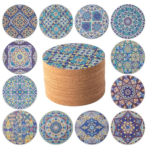 STARUBY 12 Pièces Dessous de Verre en liège, sous-Verres pour Boissons, sous Verres pour Table Basse, pour Une Décoration Absorbante dans la Cuisine ou la Salle à Manger de 10cm de Diamètre Bleu