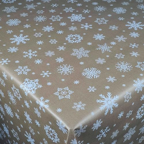 Wachstuch Wachstischdecke Tischdecke Weihnachtstischdecke Größe wählbar Weihnachten Schneeflocken Beige Eckig 80 x 350 cm abwaschbar