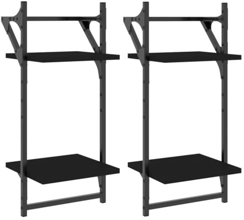 vidaXL Wandregale mit 2 Ablagen & Stangen 2 STK. Schwarz 30x25x65 cm