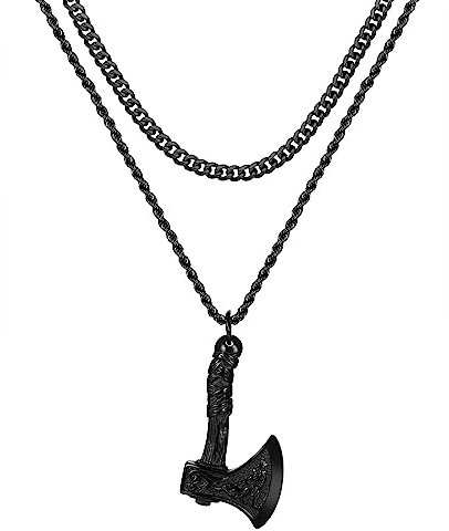 OIDEA Collier Homme Viking Pendentif: Collier Pendentif Hache en Acier Inoxydable Bijoux Viking Nordique pour Homme Femme avec Chaîne Cubaine+Chaîne Torsadée Chaîne double Couche