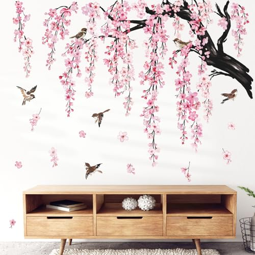 wondever Stickers Muraux Grand Branche de Fleurs Rose Autocollants Muraux Mural Stickers Fleurs de Cerisier Branche Arbre Oiseaux pour Chambre Salon Mur TV