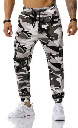 MakingDa Pantaloni della Tuta da Uomo Camo Gym Joggers Cargo Con Coulisse Multi-Tasca, da Corsa, da Combattimento Mimetici, da Lavoro - Grigio e Bianco