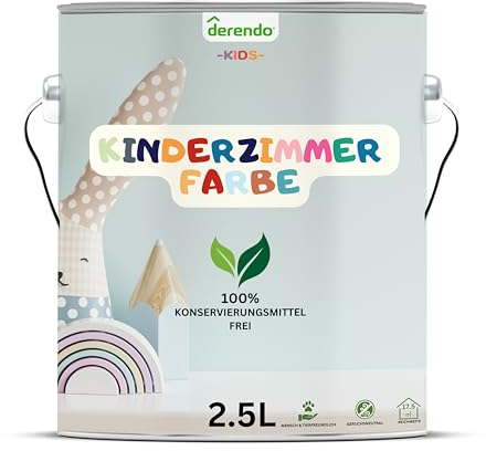 derendo Kinderzimmer Wandfarbe – Umweltfreundlich, Geruchsneutral, Hohe Deckkraft, Schadstofffrei – Farbenfrohe Auswahl pastellfarben Farbe (Weiss, 2,5 Liters)