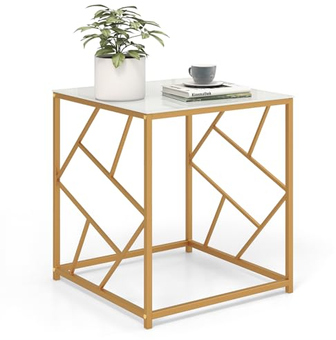 GIANTEX Mesa Lateral con Tablero de Cristal Templado & Estructura Calada de Metal Resistente, Mesa de Ocio Moderna como Decoración para Sala de Estar, Estudio, Dorado y Negro