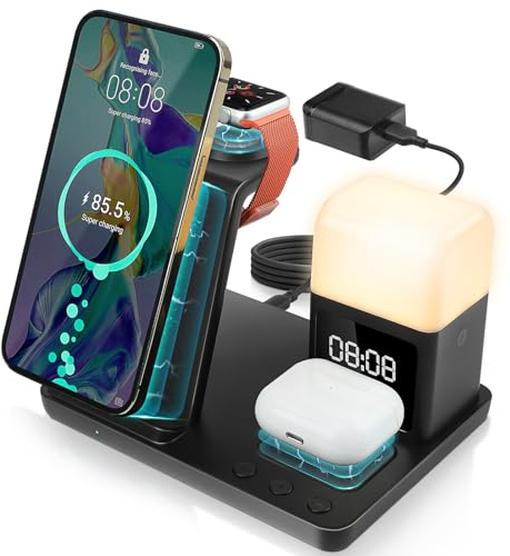 AURTEC 6 in 1 Wireless Charging Station with Alarm Clock, Night Light, Compatible with iPhone 15/14/13/12/11/Pro/Pro Max/Mini/XS/XR/X/8/Plus, Apple Watch 9/8/7/6/5/SE, AirPods Pro/3/2/1,15W Adapter