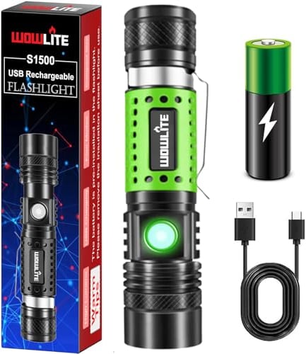 Torch Rechargeable, Adjustable Focus Torches LED Super Bright with 4 Modes, Portable Small Torch with Clip, Waterproof Flashlight for Power Cut, Emergency, Camping, Hiking, Outdoor (Green)