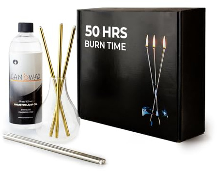CANDWAX Nachfüllbare Kerze – Glasölkerzen-Geschenkset mit flüssiger Paraffinflasche, 480 ml, Trichter und 2 Sets Metalldochte Gold und Silber – Ewige Kerze, ideal als dekorative Kerzen