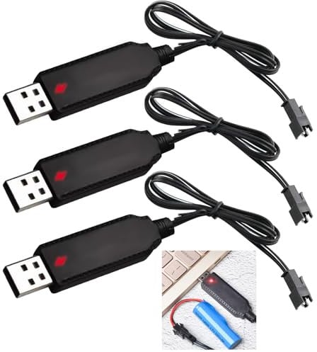 3 PCS Drone USB Charger Cable, 3.7V 500mA Portable RC Car Battery Charger with SM-2P Connector Plug LED indicator, Universal LiPo Battery Power Cables for RC Toys Trucks Boat Tank Plane Helicopters