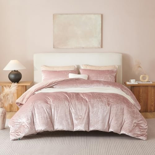Erwinmu Set di biancheria da letto di lusso rosa per letto matrimoniale, in velluto riccio, caldo e peloso, set di biancheria da letto invernale in flanella pelosa, 3 pezzi, piumino scintillante e 2