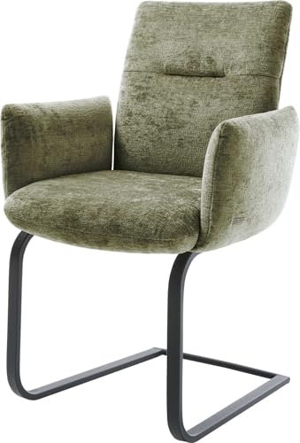 DELIFE Schwingstuhl Jova-Flex mit Armlehnen Freischwinger flach Schwarz Chenille Olive Taschenfederkern