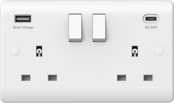Securlec double USB wall socket in white - switched double plug socket - USB A + C charger - 13A 250V electrical wall socket -2 gang curved edge socket.