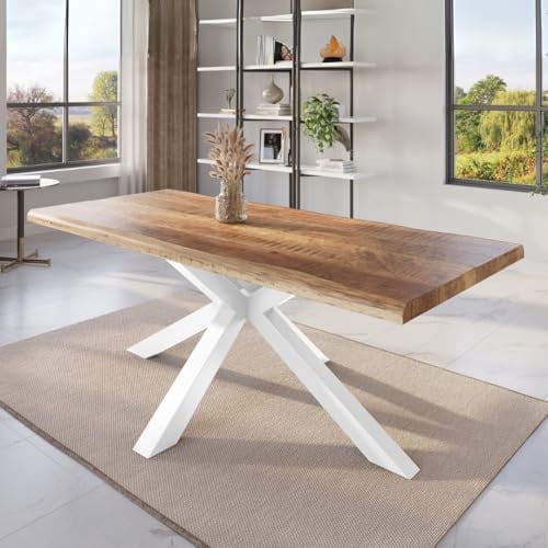 trelevo Esszimmertisch 200x100 cm, Mangoholz massiv, Tischplatte Natur/rau, echte Baumkante, Spider Gestell weiß, Baumkantentisch