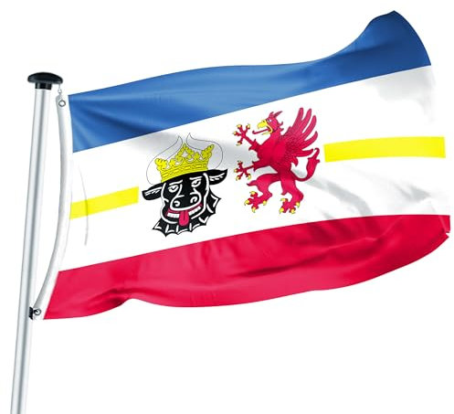 FLAGLY Premium Flagge Mecklenburg-Vorpommern – MADE IN GERMANY - mit oder ohne Wappen – hochwertige Flagge in verschiedenen Größen & Formaten (Hochformat & Querformat) – witterungsbeständig