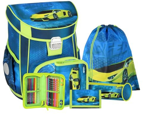 itenga Grundschul Ranzen Set - Schulranzen Set 5 teilig für Jungen und Mädchen mit Mäppchen Faulenzer Turnbeutel Brustbeutel (Rennauto)