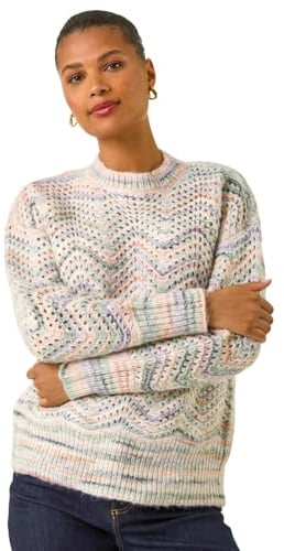 Roman Originals Zig Zag Pointelle Knit Jumper for Women UK - Ladies Everyday Holiday Spring Summer Round Neckline Comfy Soft Evening Vacation Work Party - Light Grey - Size 16