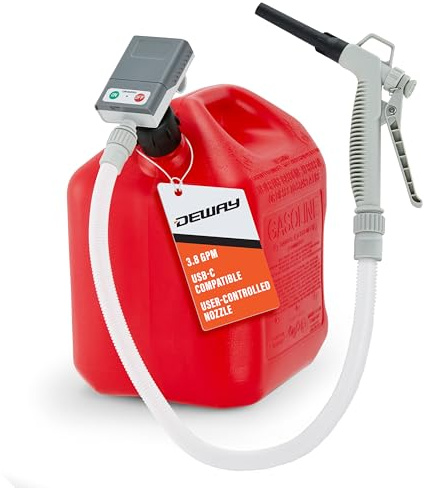 DeWay Jerry Can Fuel Transfer Pump with Trigger Nozzle | 14 LPM Flow Rate, 130 cm Hose & 3 Can Adapters for Petrol, Kerosene, Diesel & Non-Potable Water | USB-C or Battery Powered