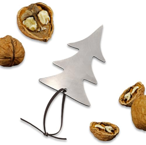 NEUSER PAPIER Echter Edelstahl-Nussknacker Form Baum inklusive Lederband - 6,1 x 7,2 cm - Cellophaniert ideal als Anhänger oder kleines Geschenk