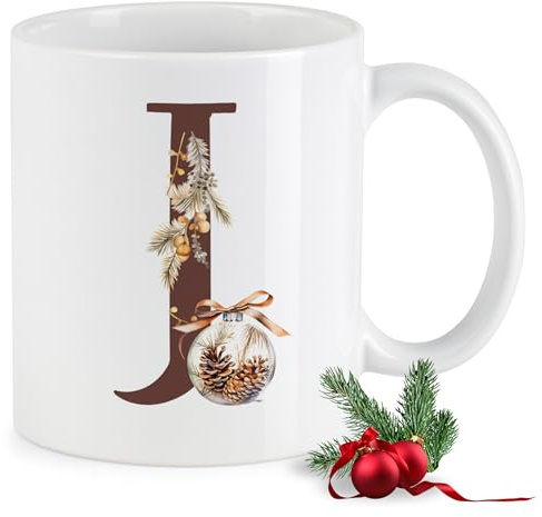 GRAZDesign Weihnachtstasse Buchstabe J Keramiktasse mit Initial & Tannenzapfen Design – Monogramm Tasse Geschenkidee Weihnachten Familie
