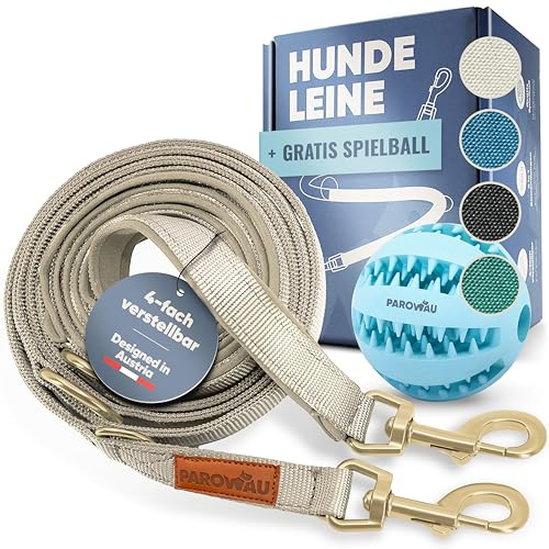 PAROWAU Hundeleine 3m [4-Fach verstellbar] + Hundespielzeug Ball [Zahnpflege Hund] Leine Hund Hundezubehör Hundeleine für große Hunde Hundespielzeug Intelligenz Hundespielzeug unzerstörbar (beige)