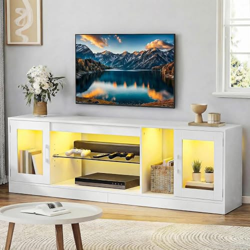 YITAHOME Mobile TV da 180 cm con 7 LED RGB, con 2 armadi chiusi, 3 ripiani aperti e ripiano in vetro regolabile, moderno centro di intrattenimento per soggiorno, 180 x 32 x 51 cm