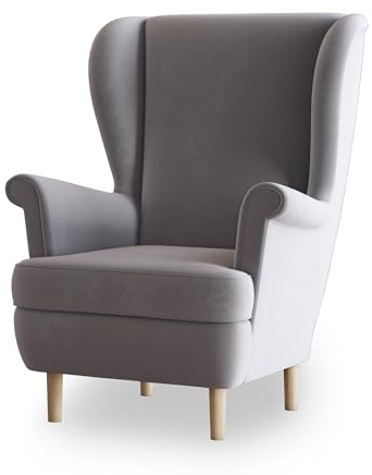 Masseno Ohrensessel LENTIO, Lounge Sessel im Glamour Stil mit Armlehnen, Komfort Polsterstuhl für Esszimmer, Wohnzimmer, Bein aus Holz, Paros 05