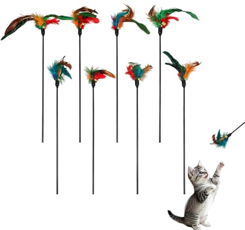 Lot de 8 leurres félins 40 cm avec grelot | Nœuds papillon naturels colorés, clochette intégrée sonore, tige flexible robuste