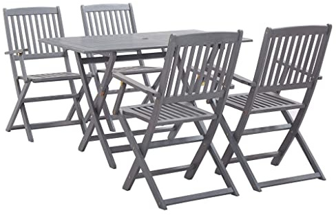 RCODSSK Salon de jardin 5 pièces en bois massif d'acacia laqué gris, ensemble de meubles de jardin avec 1 table et 4 chaises, ensemble de salle à manger pliable pour terrasse en bois d'acacia de