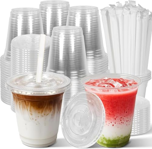KAHEIGN 50 Piezas Vasos de Plástico Transparente con Tapa Y Pajitas de Papel, 360ml Vaso Reutilizable de Plástico para Café Elegantes Vasos para Café Helado Batidos Bebidas Frías Fiestas Catering